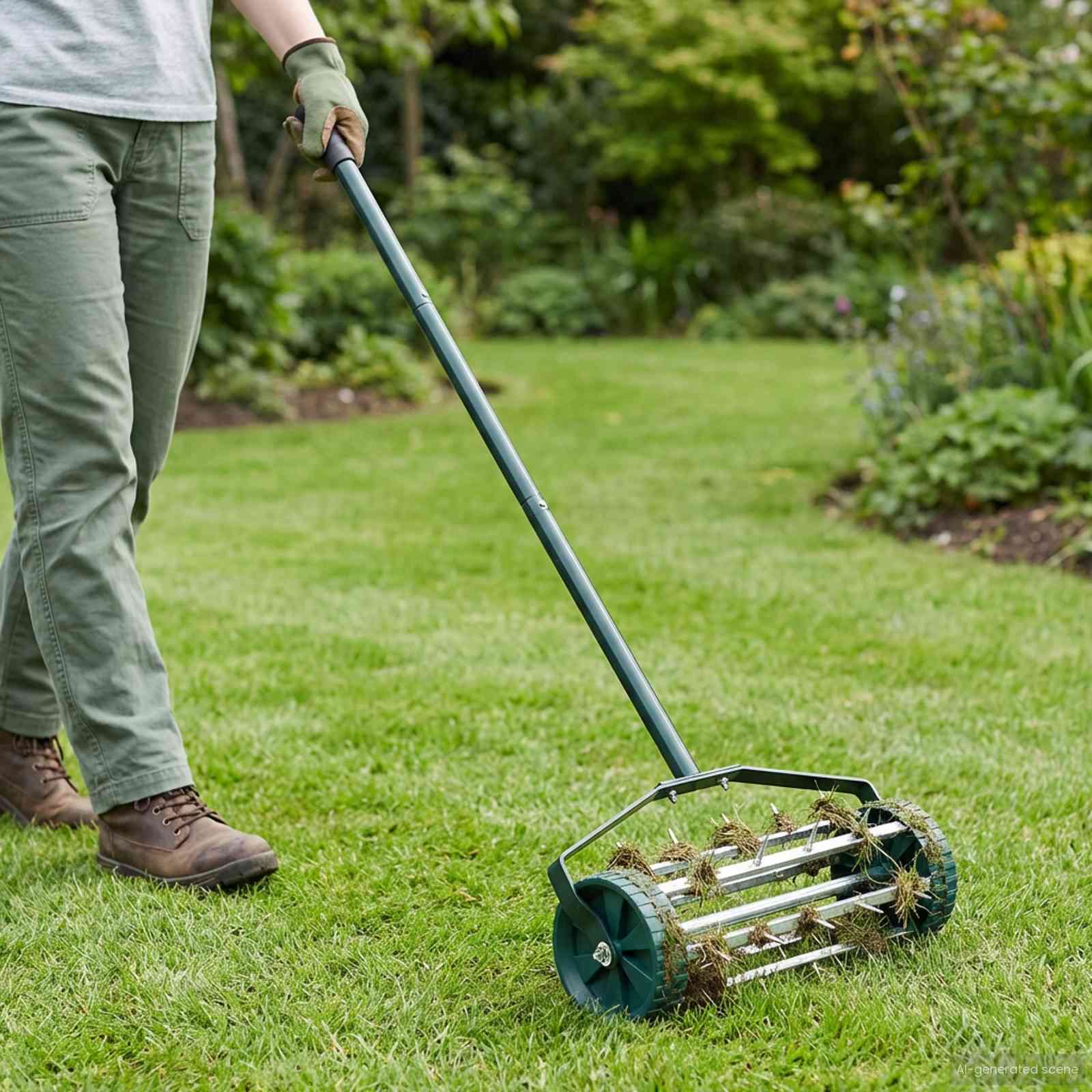 Tow-Behind Lawn Roller with Aerator Spikes – Green